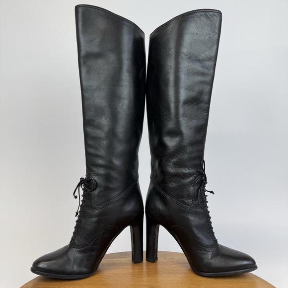 Womens Tom Ford Black Leather Lace Up Heeled Tall Riding Boots Size EU 38.5 GUC - Picture 5 of 8